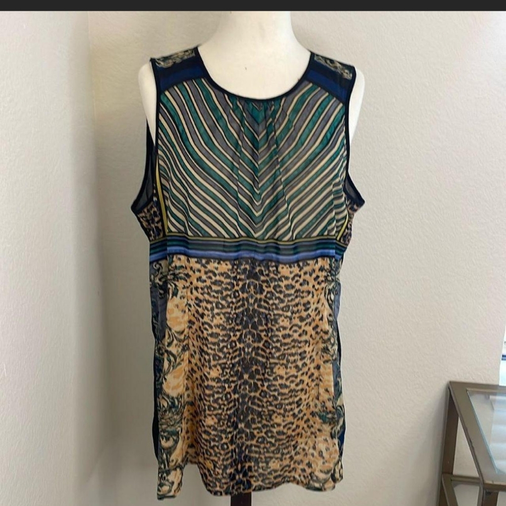 CAbi Green and Tan Animal Print Tank Top